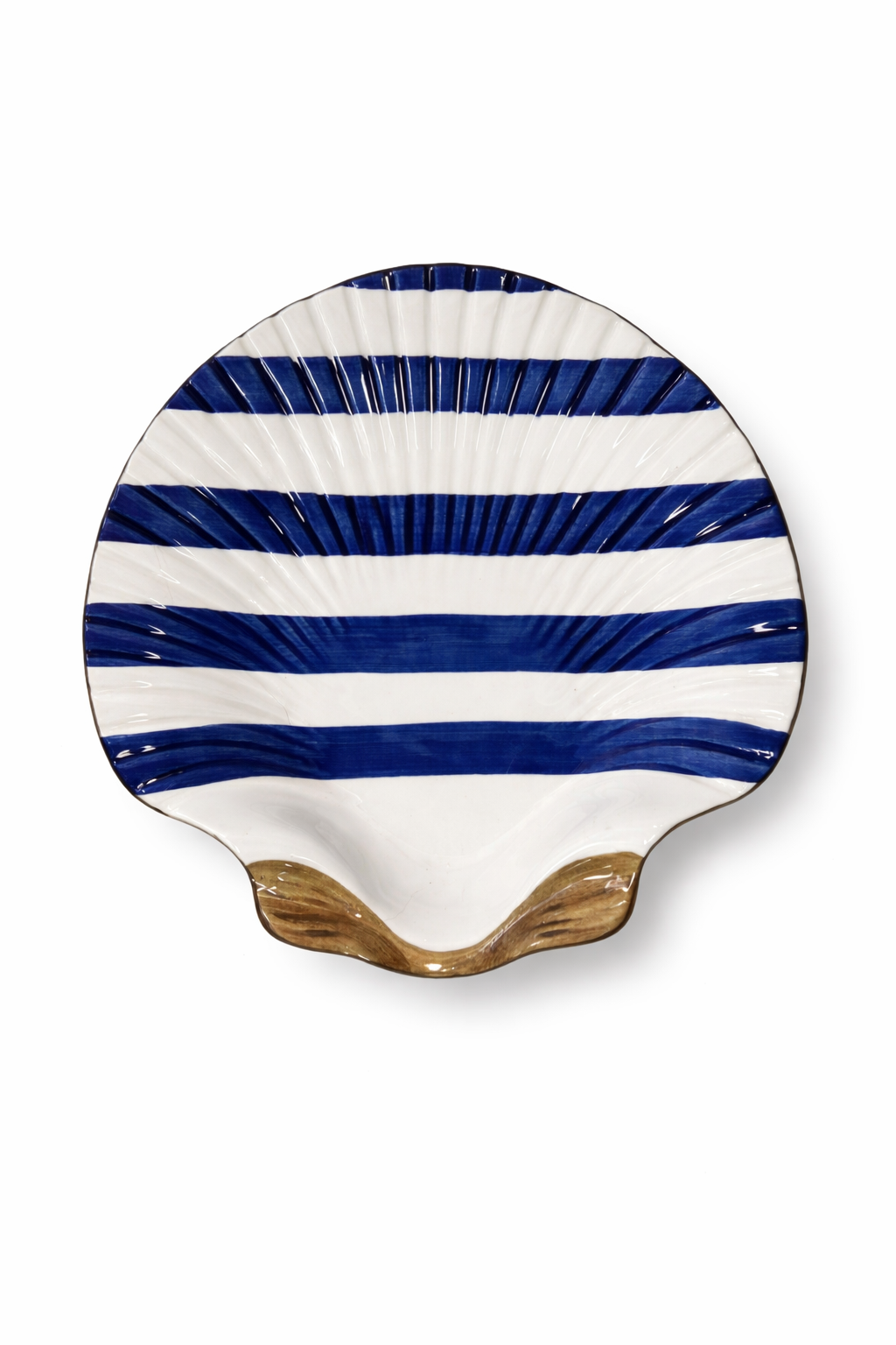 Dessert Shell Plate – Cobalt Stripe — handmade Portuguese ceramic by Casa Belo