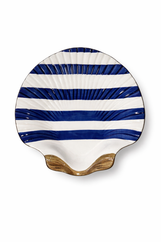 Dessert Shell Plate – Cobalt Stripe — handmade Portuguese ceramic by Casa Belo