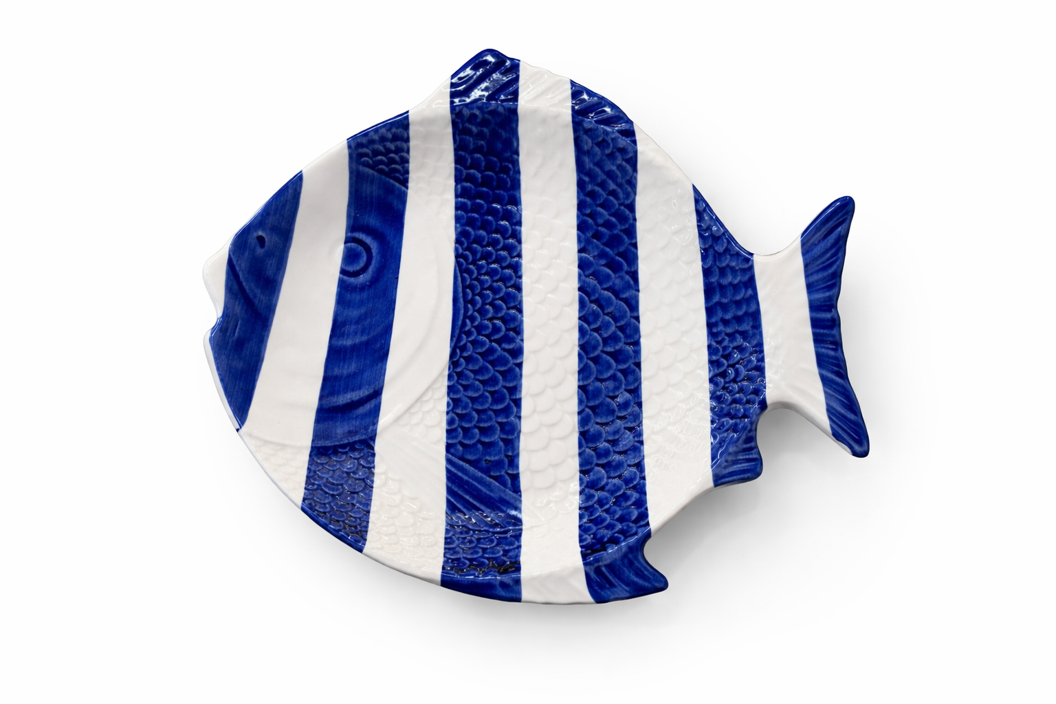 Dinner Plate Fish – Blue Stripes — handmade Portuguese ceramic by Casa Belo