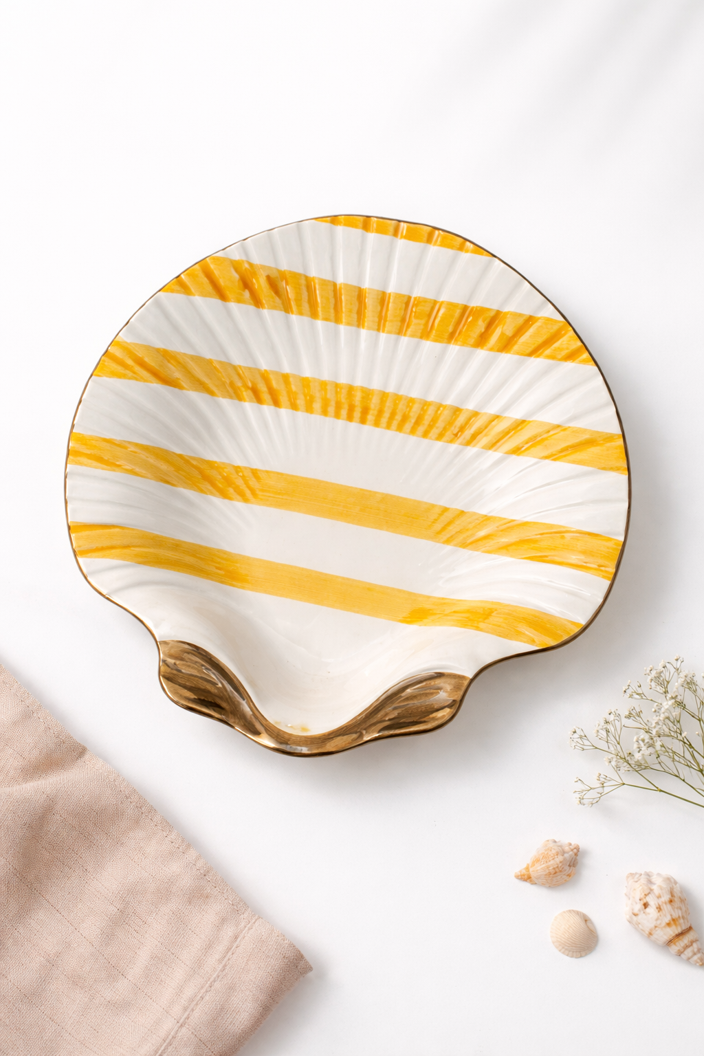 Dinner Shell Plate – Yellow Stripe — handmade Portuguese ceramic by Casa Belo
